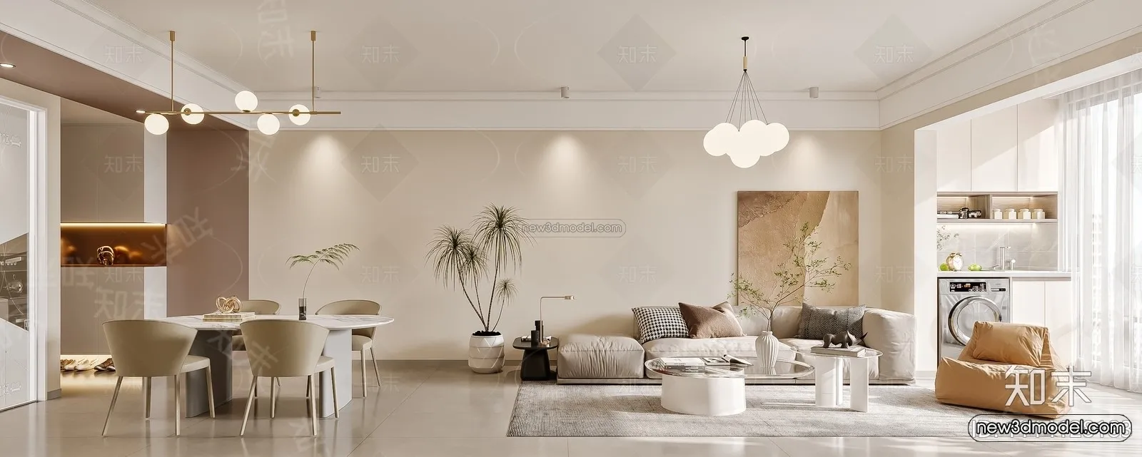 Cream Style Interior 3D Blocks - Living Room 3D Model - 091