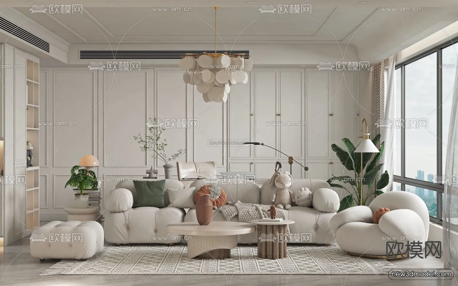 Cream Style Interior 3D Blocks - Living Room 3D Model - 093