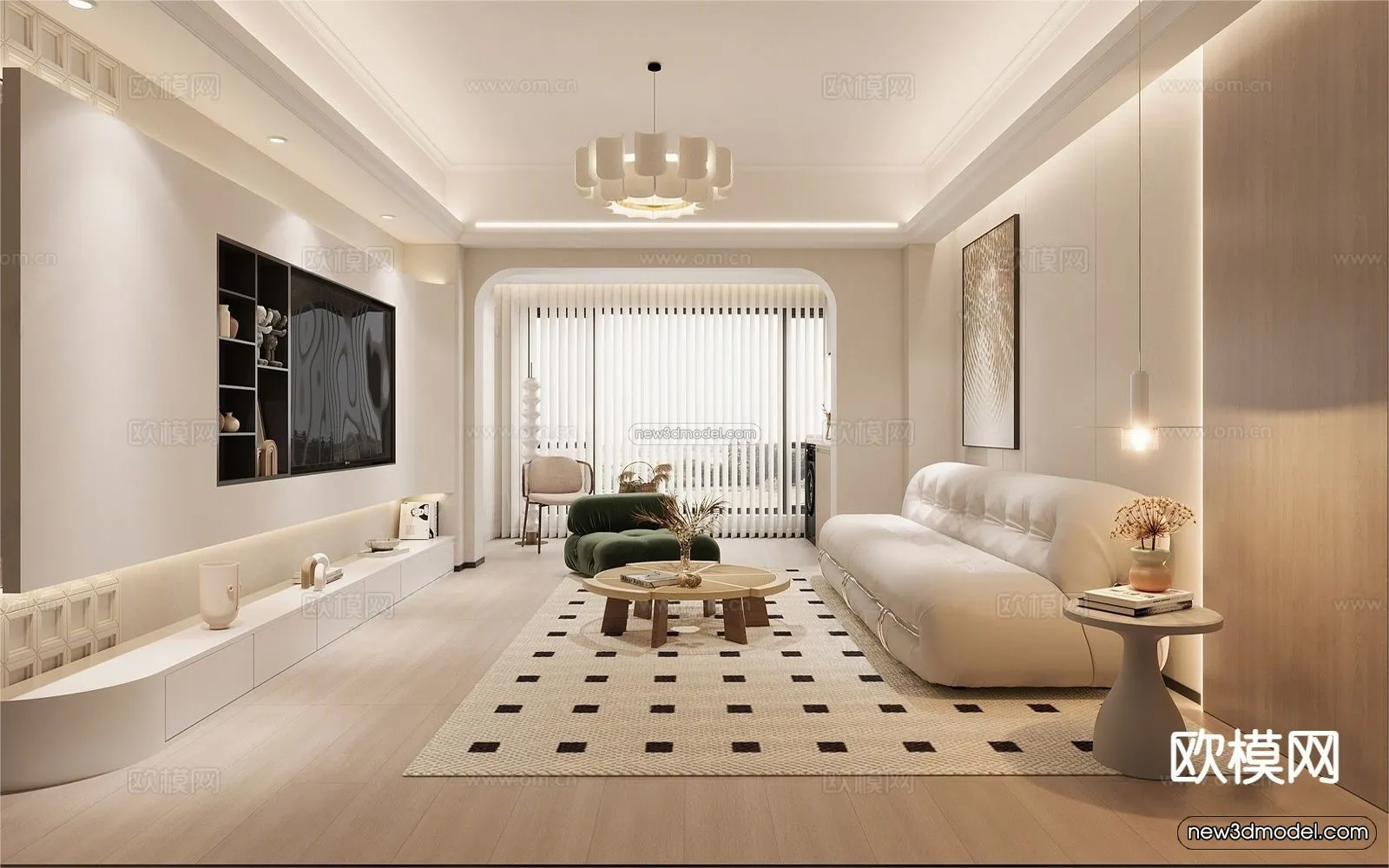 Cream Style Interior 3D Blocks - Living Room 3D Model - 097