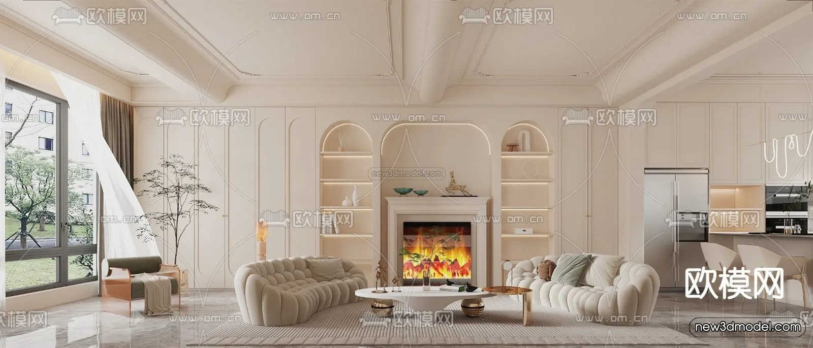 Cream Style Interior 3D Blocks - Living Room 3D Model - 101