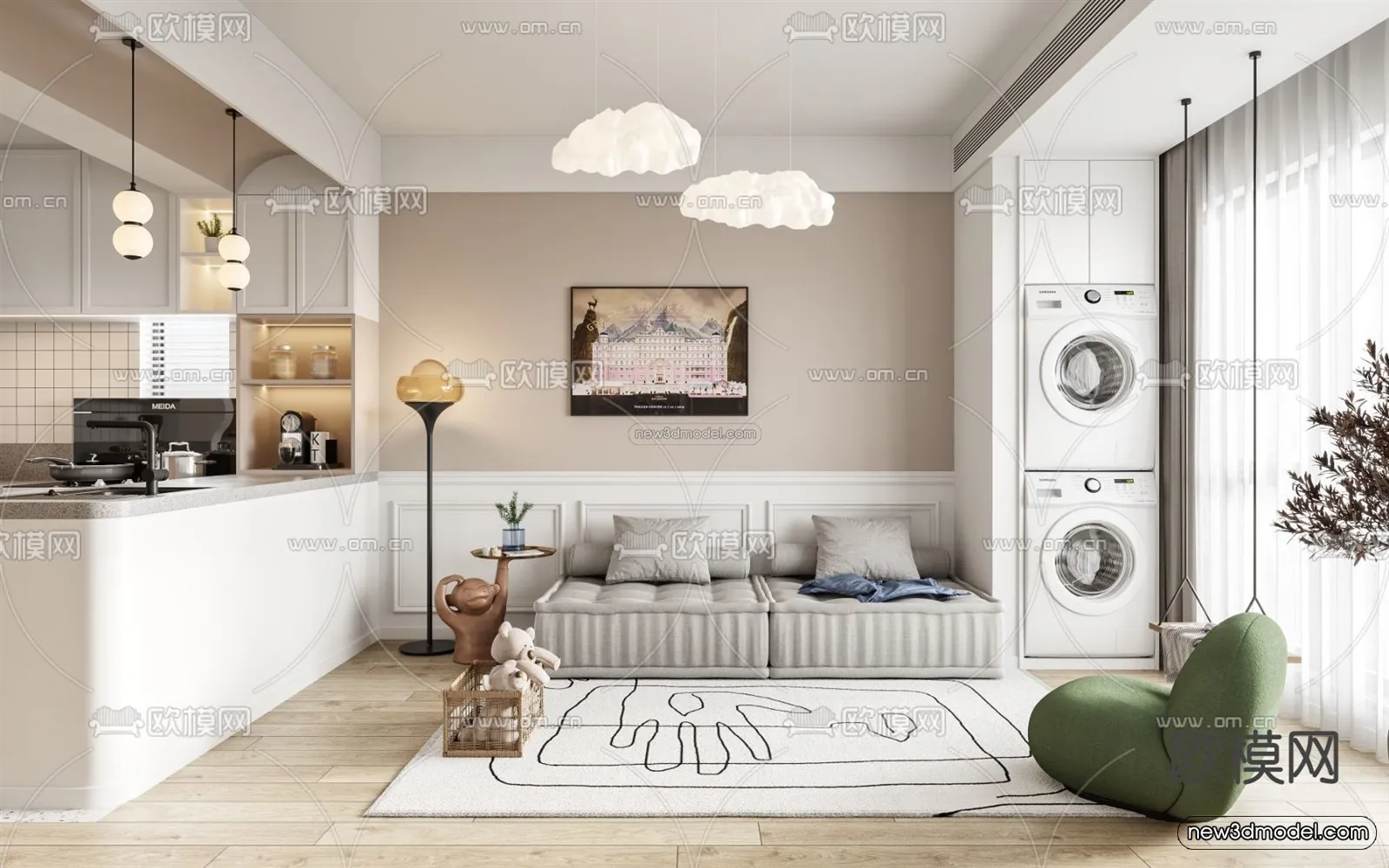 Cream Style Interior 3D Blocks - Living Room 3D Model - 104