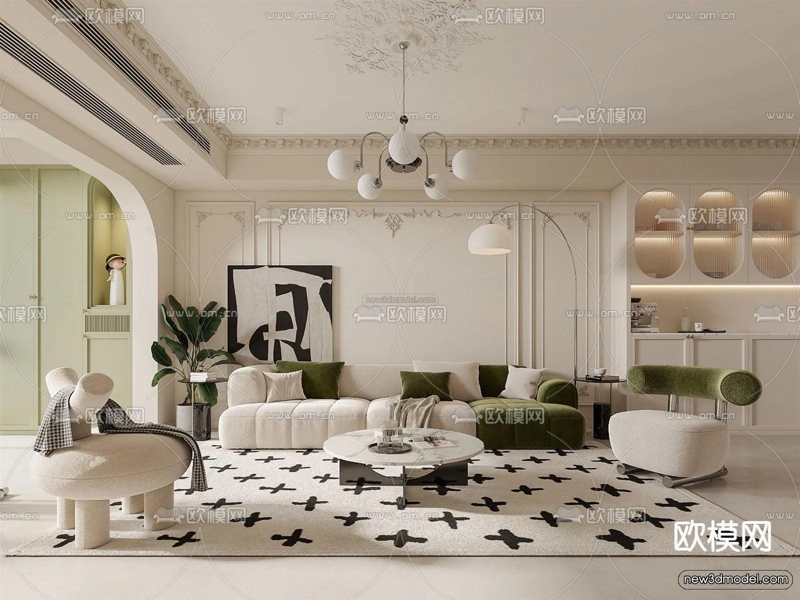 Cream Style Interior 3D Blocks - Living Room 3D Model - 105