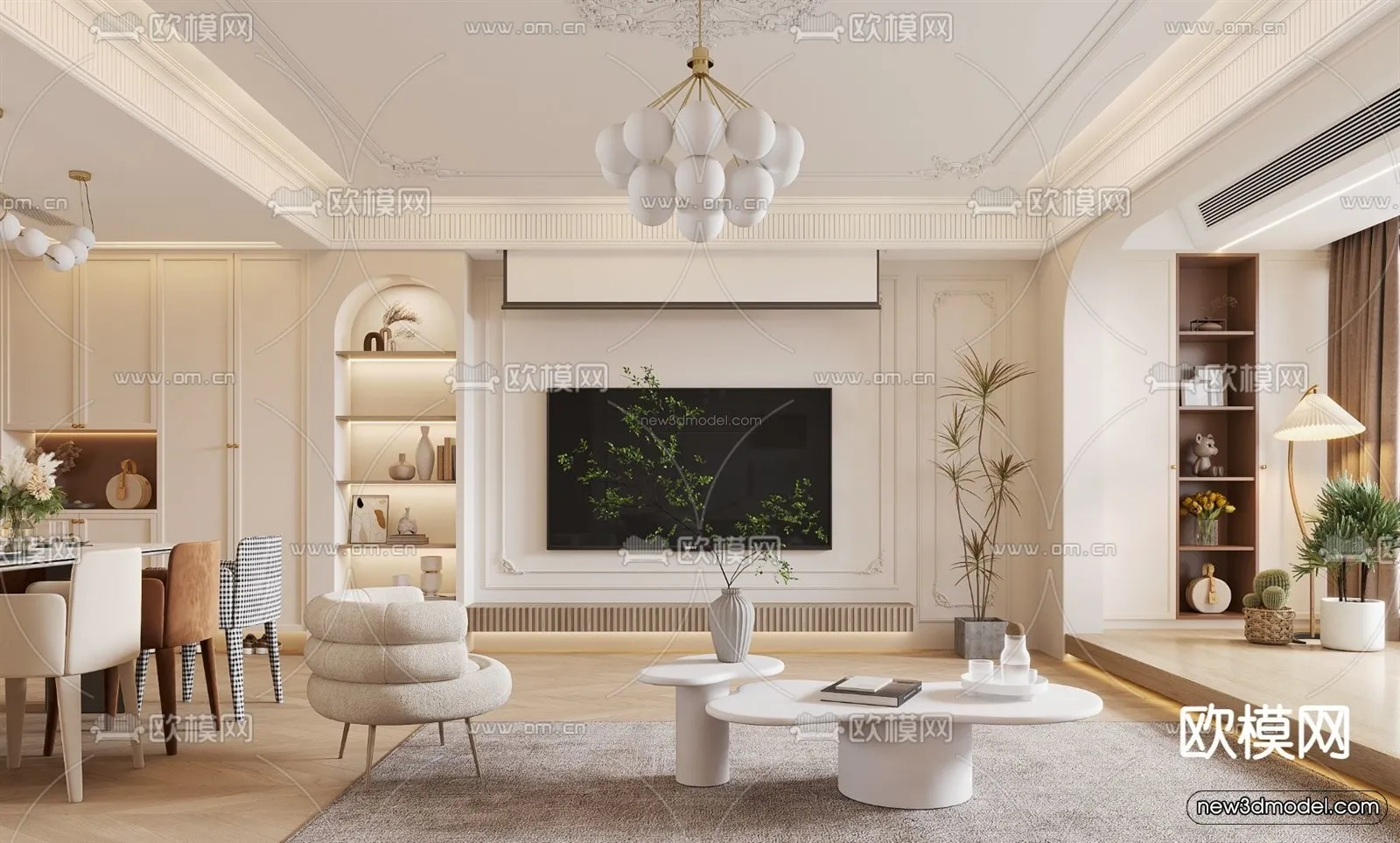 Cream Style Interior 3D Blocks - Living Room 3D Model - 112