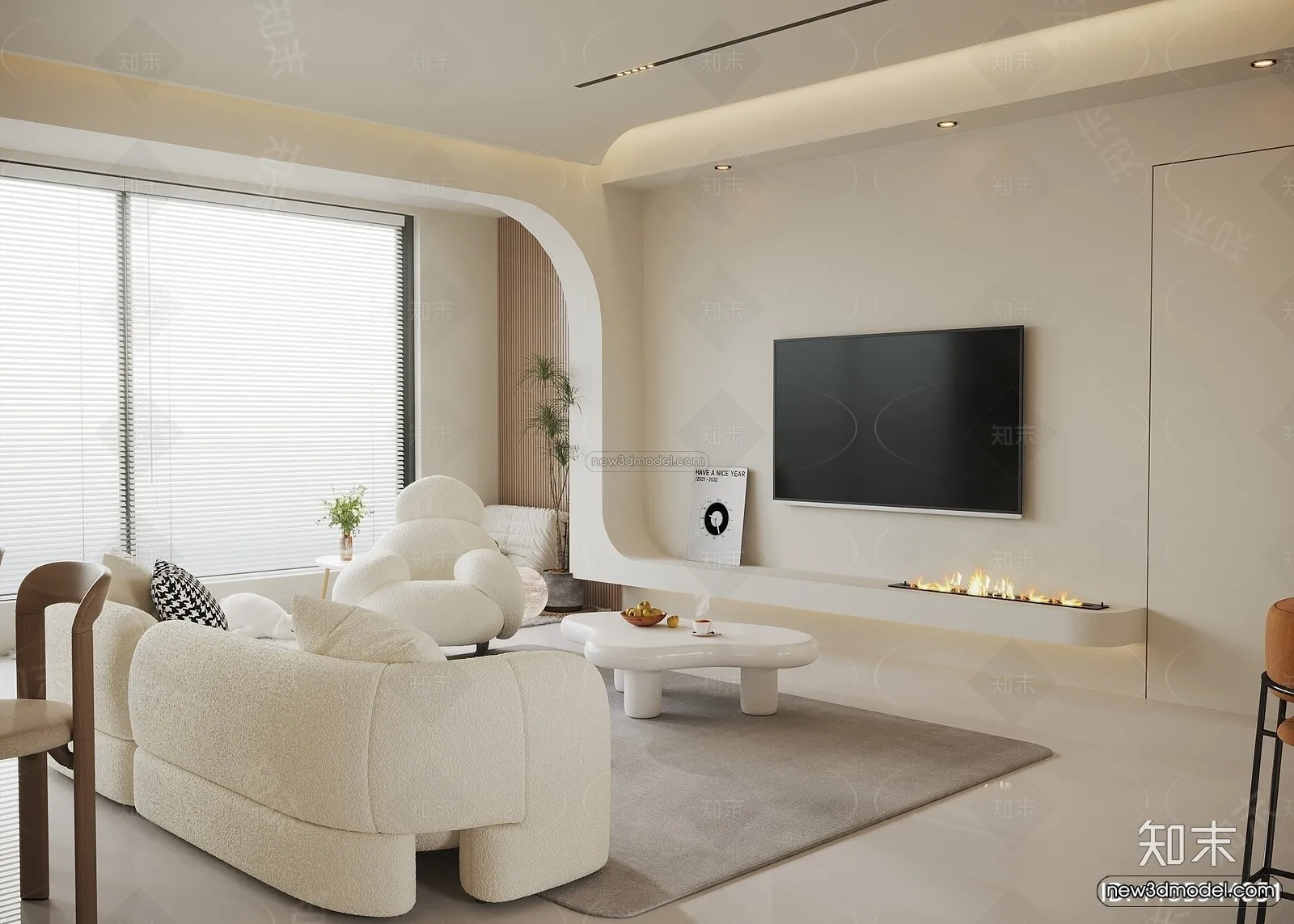 Cream Style Interior 3D Blocks - Living Room 3D Model - 113