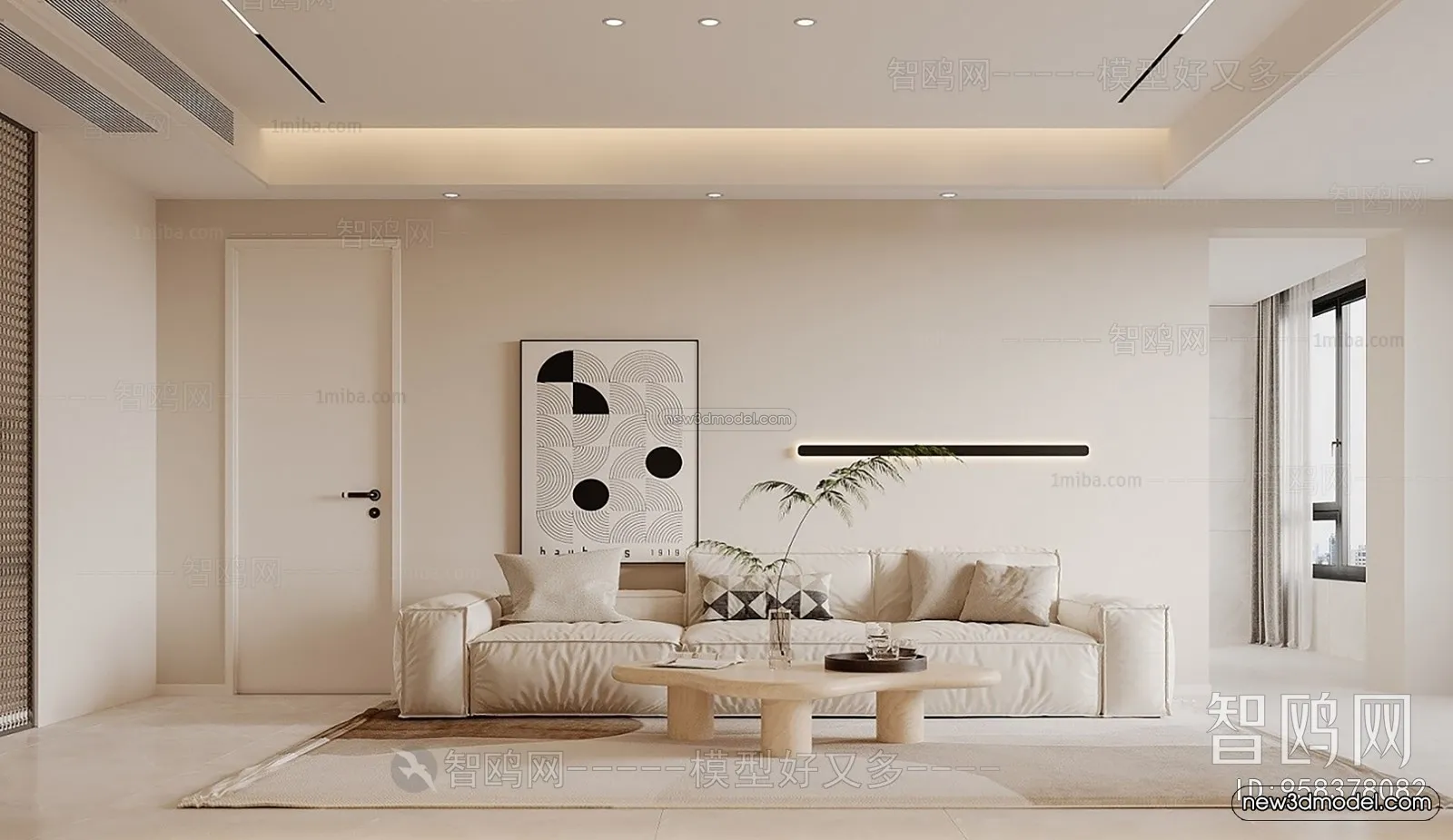 Cream Style Interior 3D Blocks - Living Room 3D Model - 123