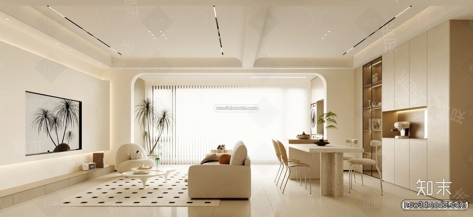 Cream Style Interior 3D Blocks - Living Room 3D Model - 127