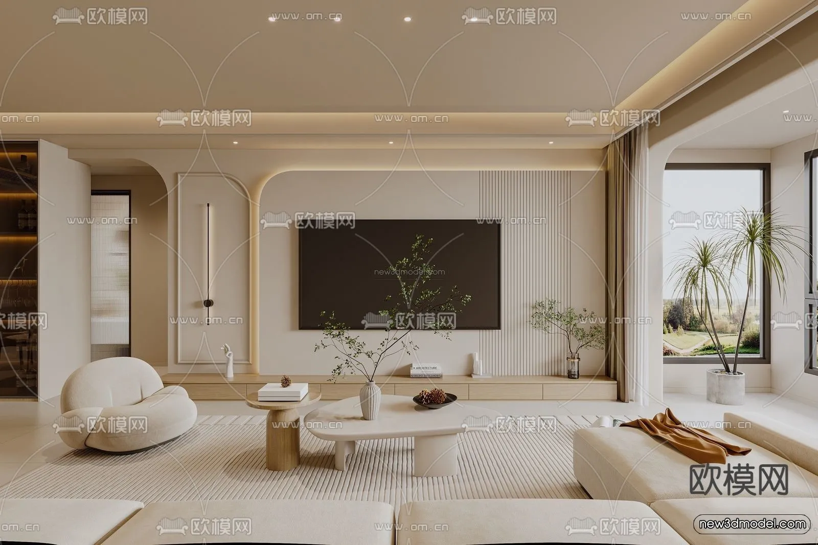 Cream Style Interior 3D Blocks - Living Room 3D Model - 130