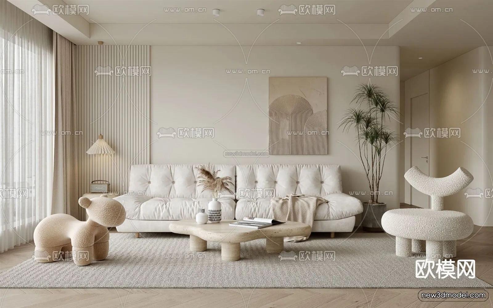 Cream Style Interior 3D Blocks - Living Room 3D Model - 133