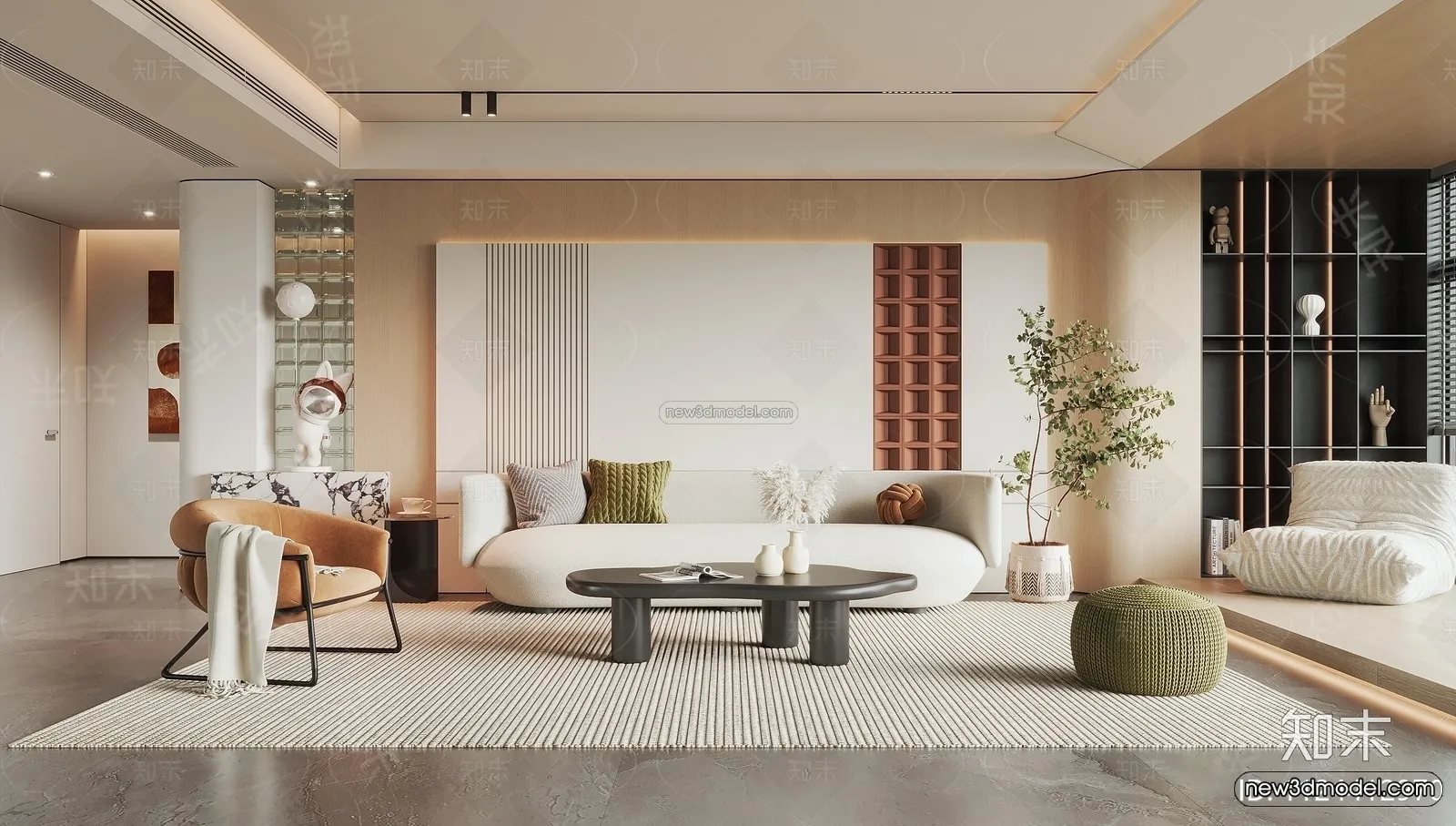 Cream Style Interior 3D Blocks - Living Room 3D Model - 144