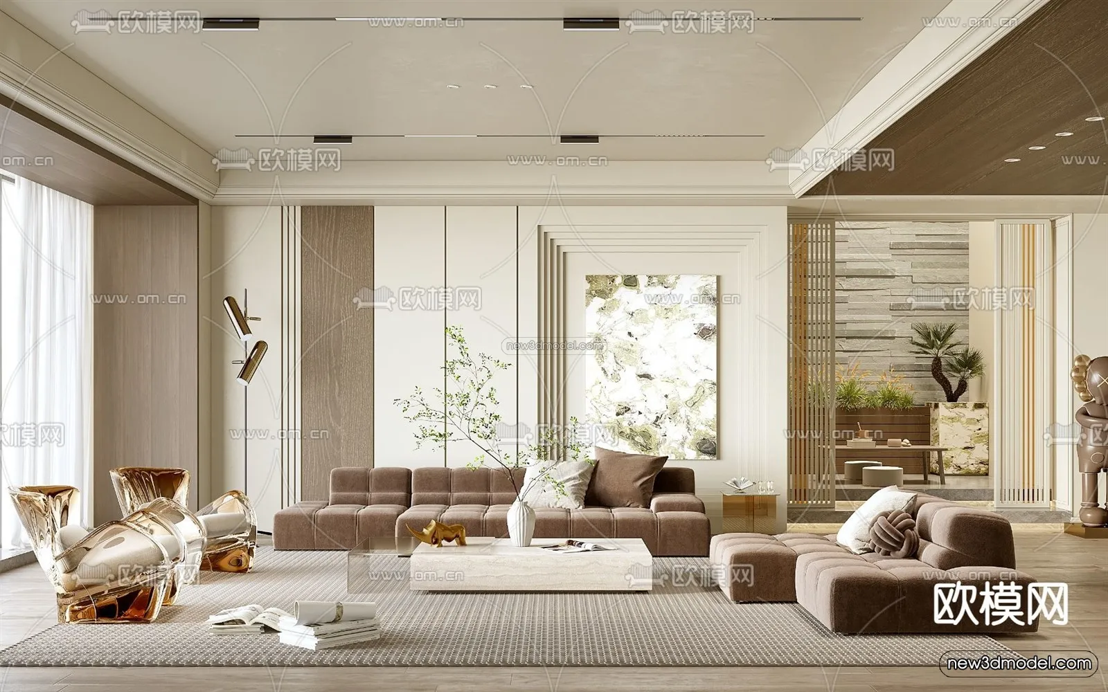 Cream Style Interior 3D Blocks - Living Room 3D Model - 161