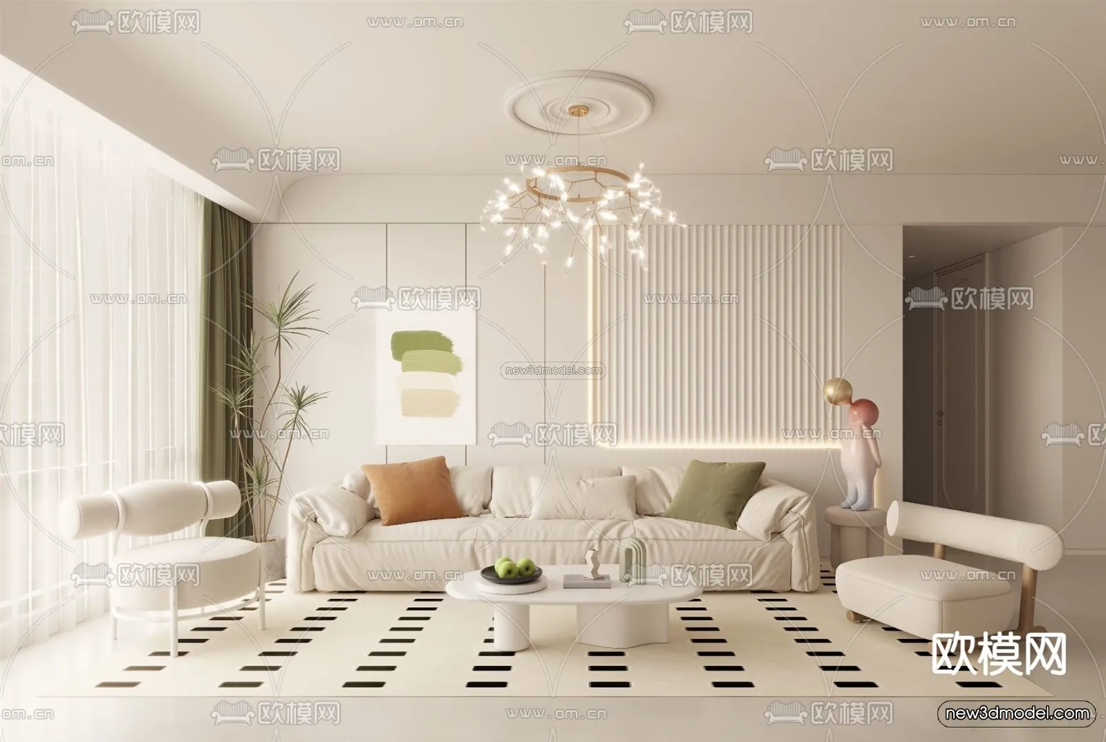 Cream Style Interior 3D Blocks - Living Room 3D Model - 164