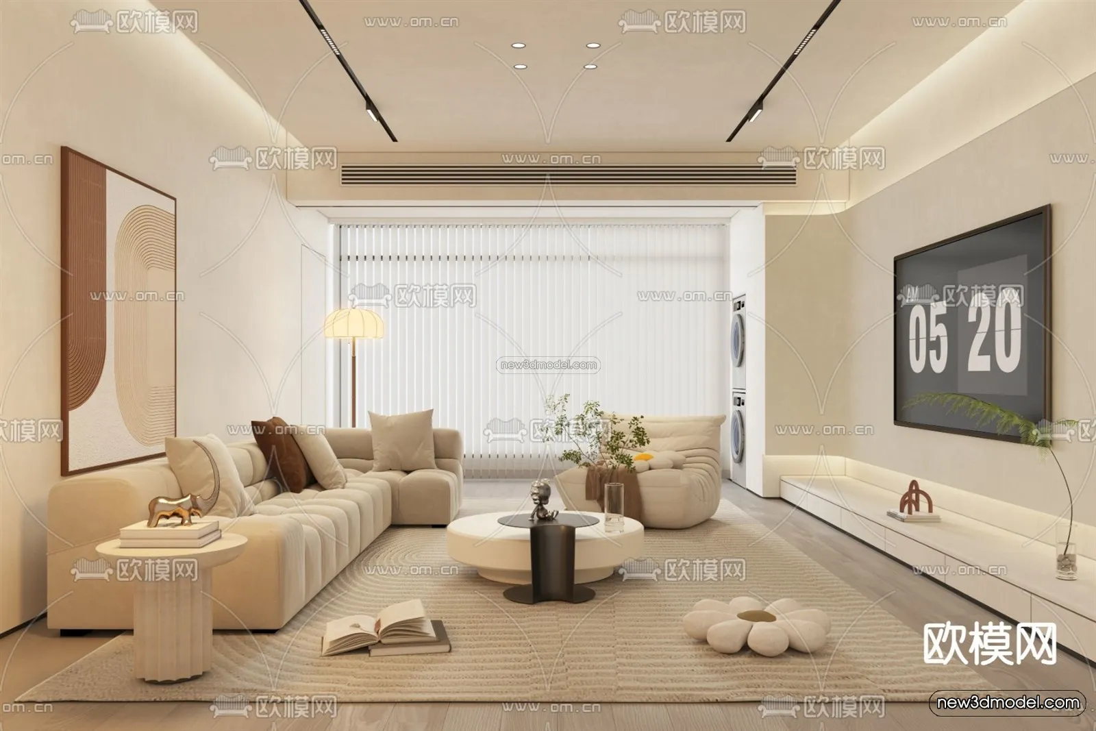 Cream Style Interior 3D Blocks - Living Room 3D Model - 166