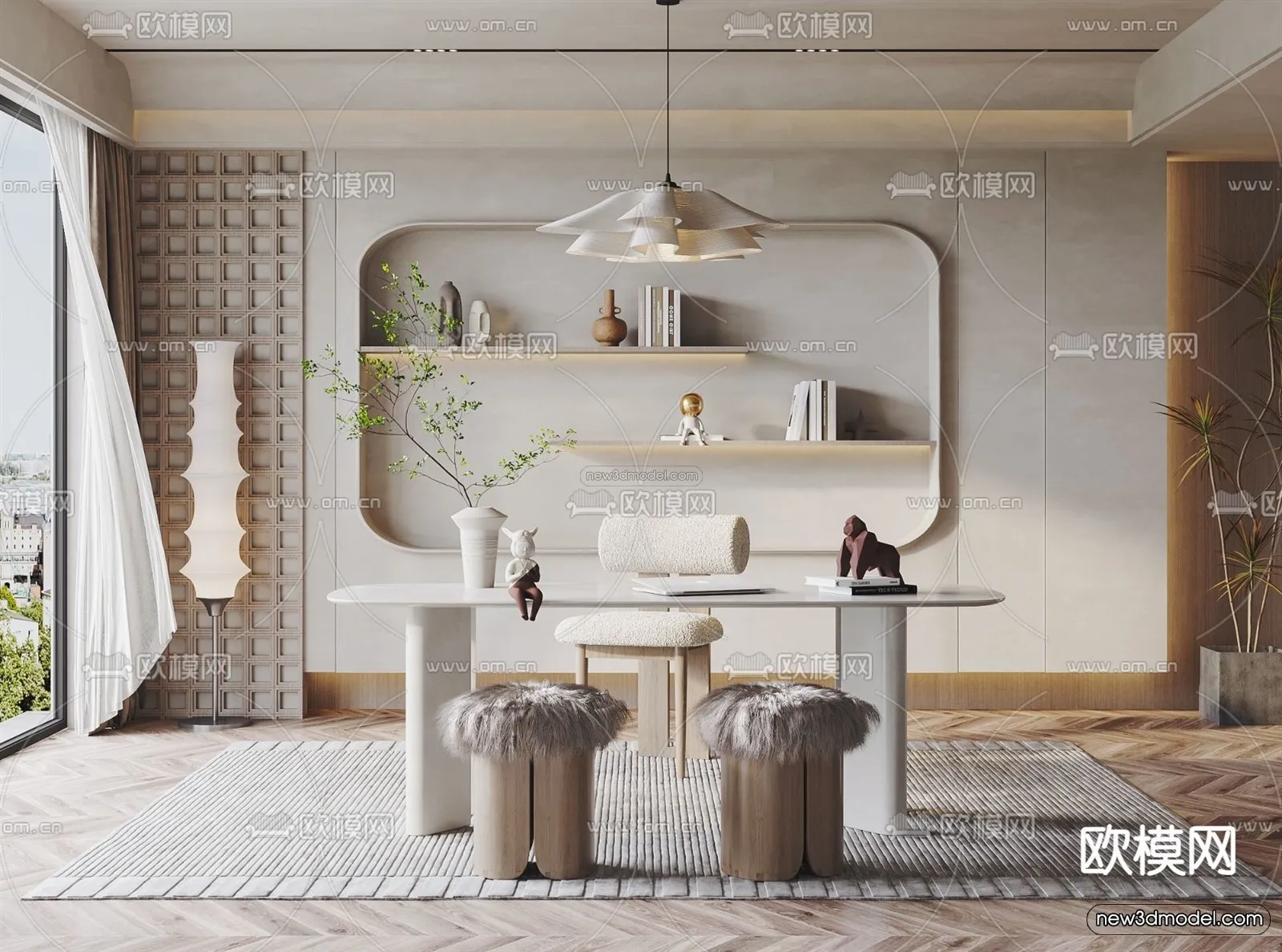 Cream Style Interior 3D Blocks - Study Room 3D Model - 288