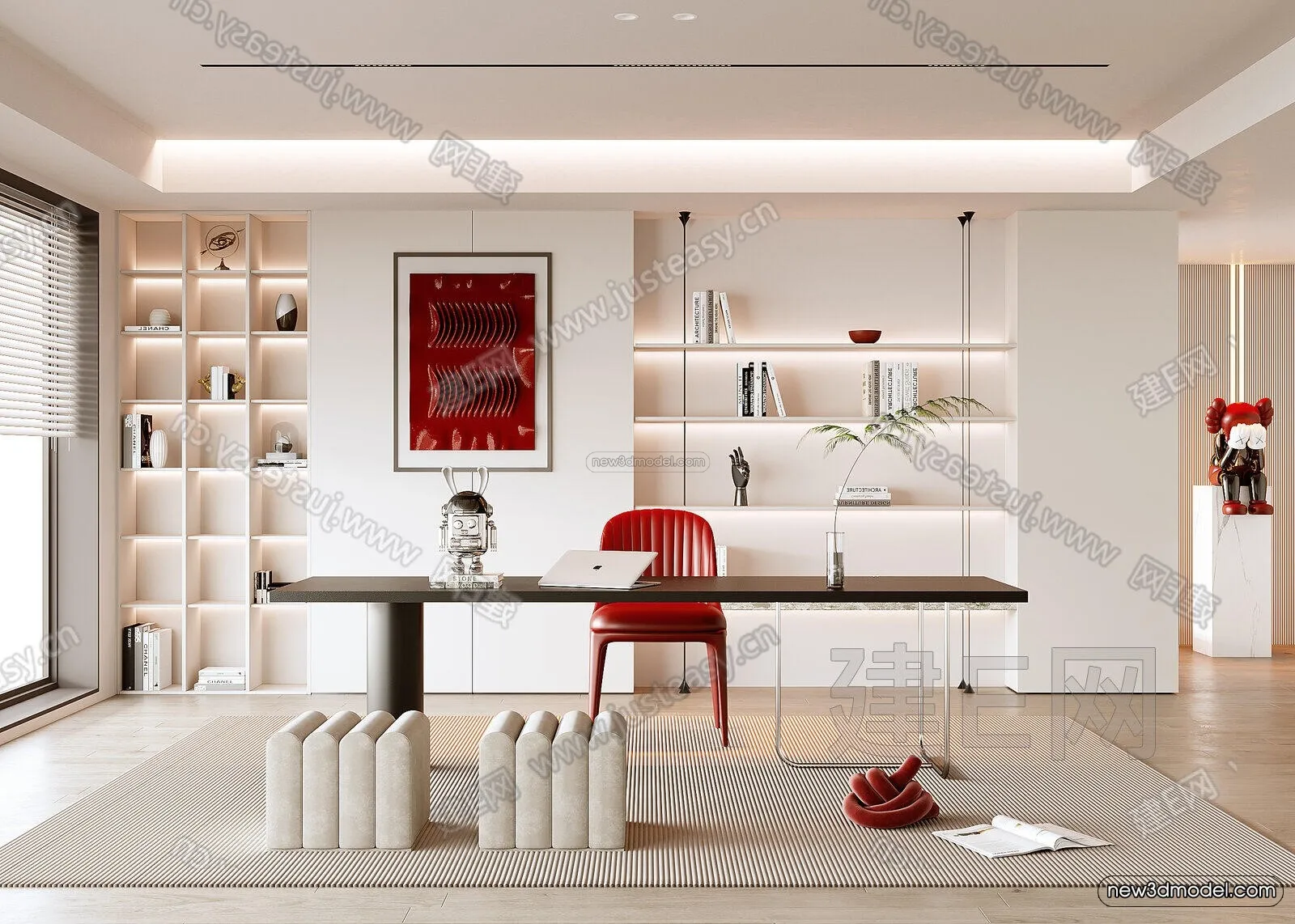 Cream Style Interior 3D Blocks - Study Room 3D Model - 290