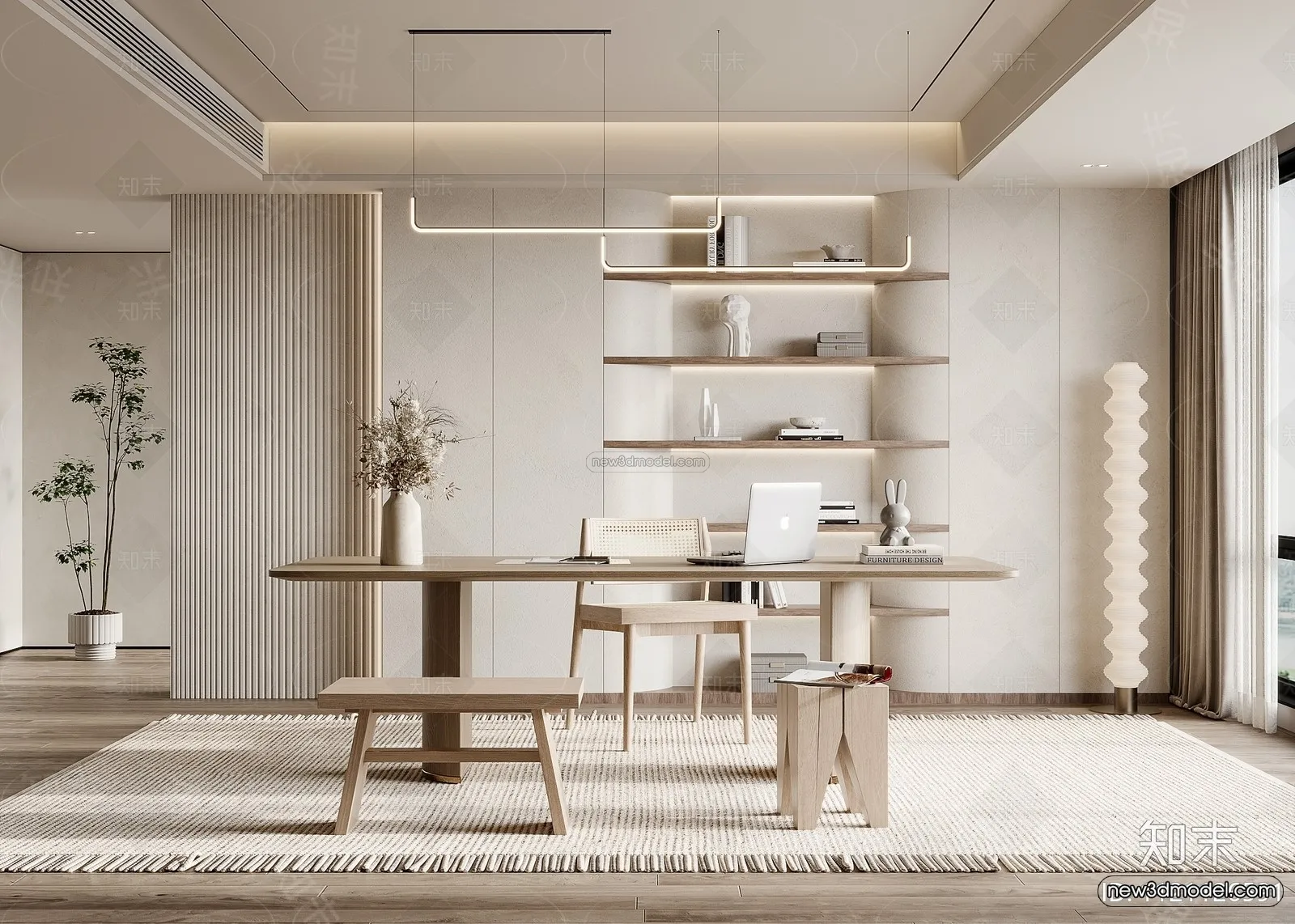 Cream Style Interior 3D Blocks - Study Room 3D Model - 291