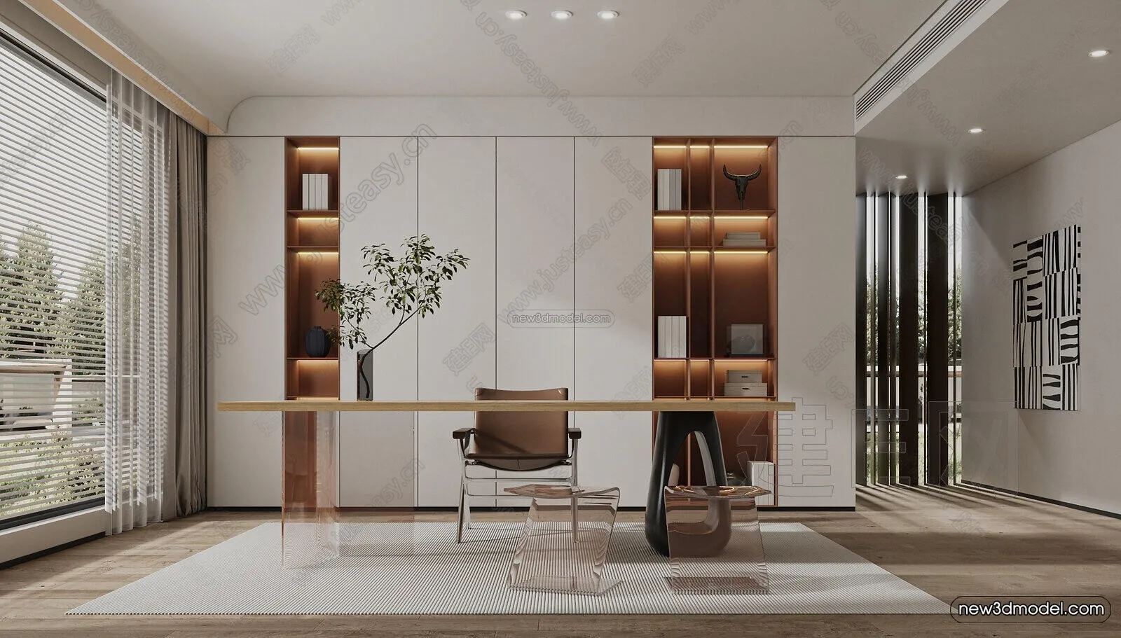 Cream Style Interior 3D Blocks - Study Room 3D Model - 294