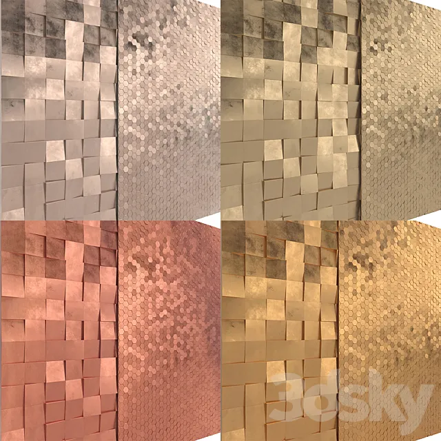 Cubic and Hexagon Palladium Brass Copper Gold wall tile & 3D Wall Panel With Scratchs 3D Model