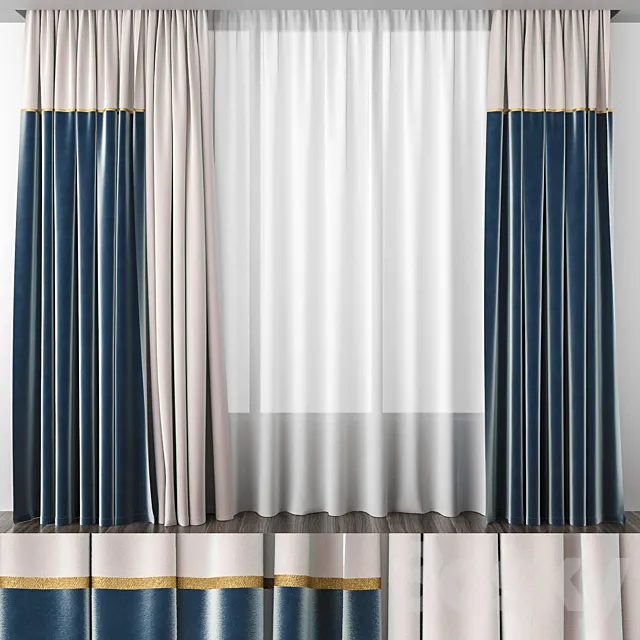 Curtain ivory and blue velvet 3D Model
