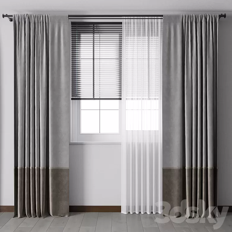 Curtain with metal curtain rod & metal blind 05 3D Model Free