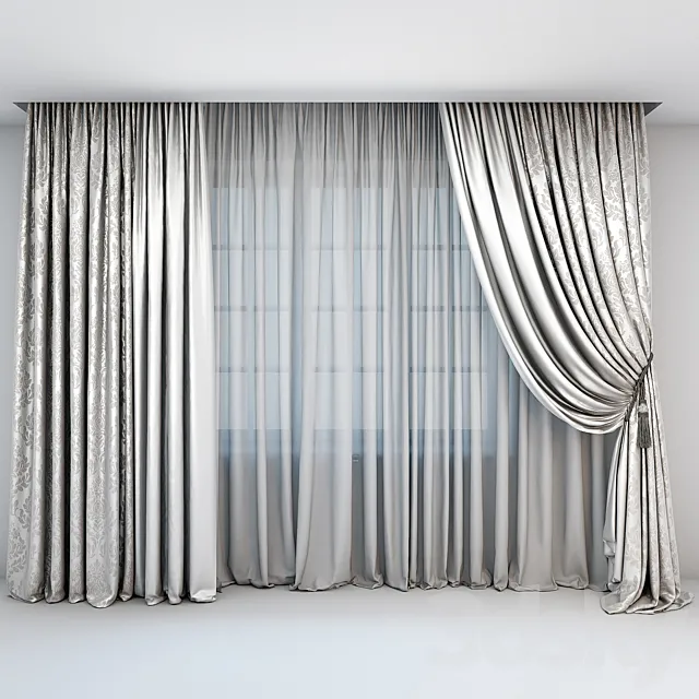 Curtains and tulle in the floor straight and with a pick-brush in a classic style 3DModel