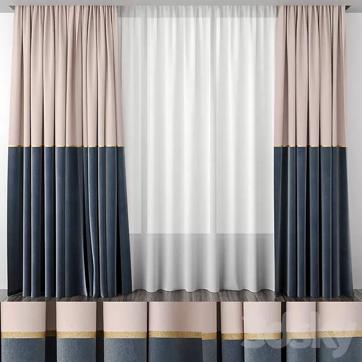 Curtains baked milk and gray-blue 50/50 3D Model