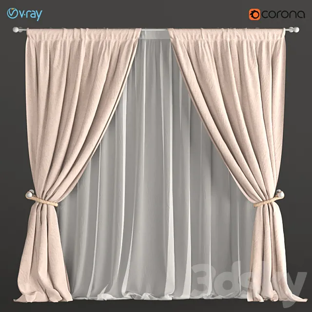Curtains beige with a garter on the rope + tulle. 3DModel