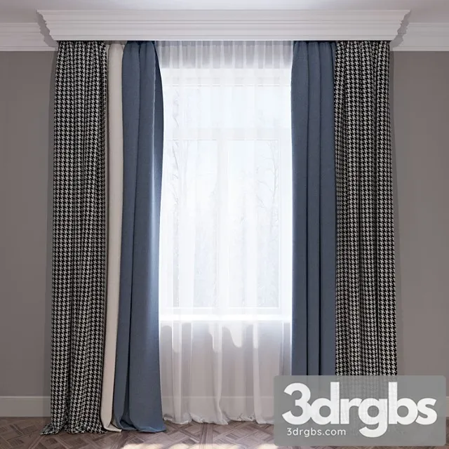 Curtains blue beige and houndstooth set of curtains 01 3D Model Free