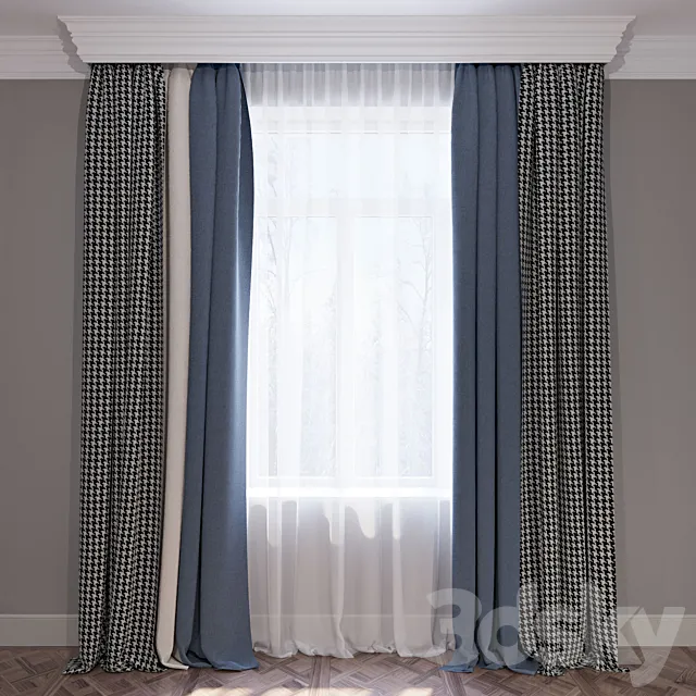 Curtains blue beige and houndstooth set of curtains 01 3DModel