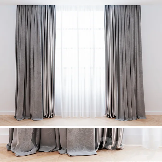 Curtains gray velvet with tulle | Curtains are modern 3D Model