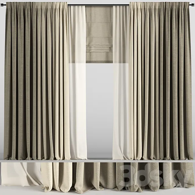 Curtains in three colors with tulle and roman blinds. 3D Model