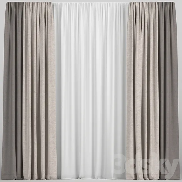Curtains in two colors with tulle 3D Model