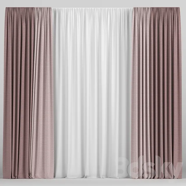 Curtains in two colors with tulle 3D Model