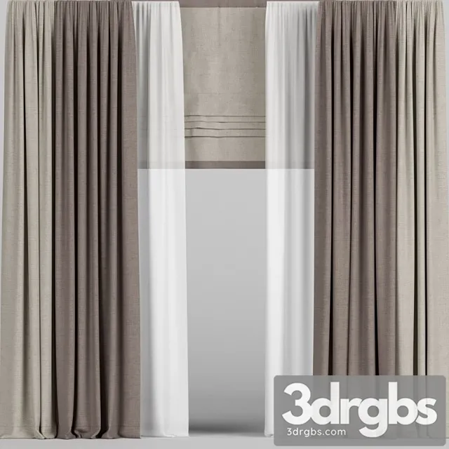 Curtains in two Colors with Tulle and Roman Blinds. 3D Model Free