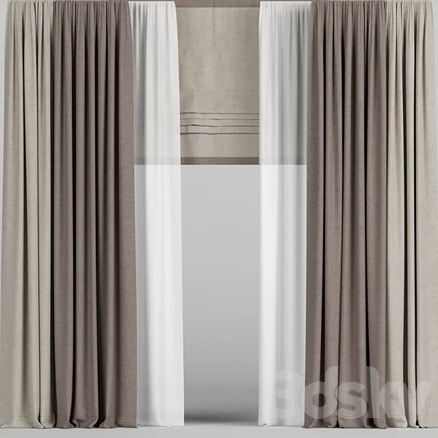 Curtains in two colors with tulle and roman blinds. 3D Model