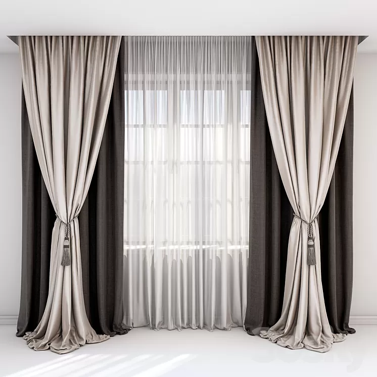 Curtains with pick-up - a brush and straight curtains in brown-beige tones. 3D Model