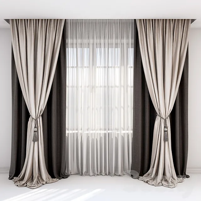 Curtains with pick-up - a brush and straight curtains in brown-beige tones. 3DModel