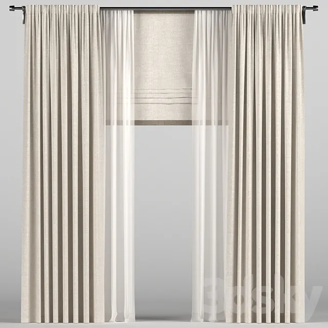 Curtains with tulle and a roman curtain. 3D Model