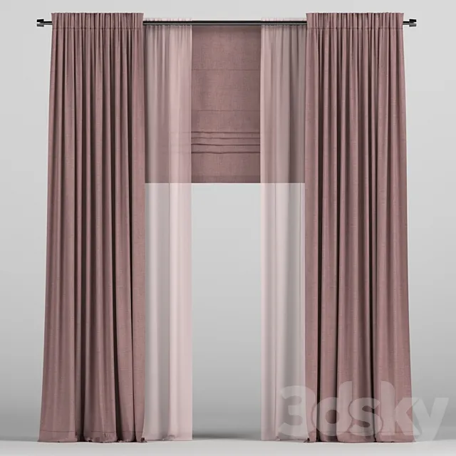 Curtains with tulle and a roman curtain. 3D Model