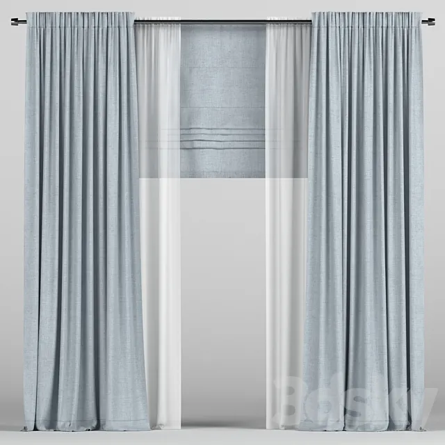 Curtains with tulle and roman. 3D Model