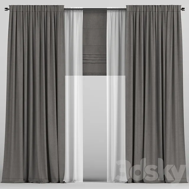 Curtains with tulle and roman blinds. 3D Model