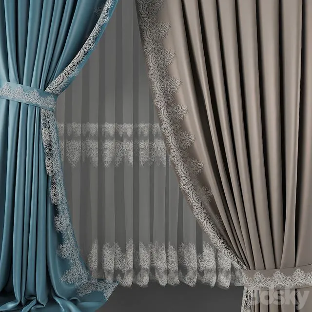 Curtein_03 with lace tulle 3D Model