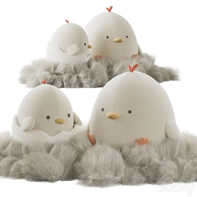 Cute plush chickens in a nest 3D Model