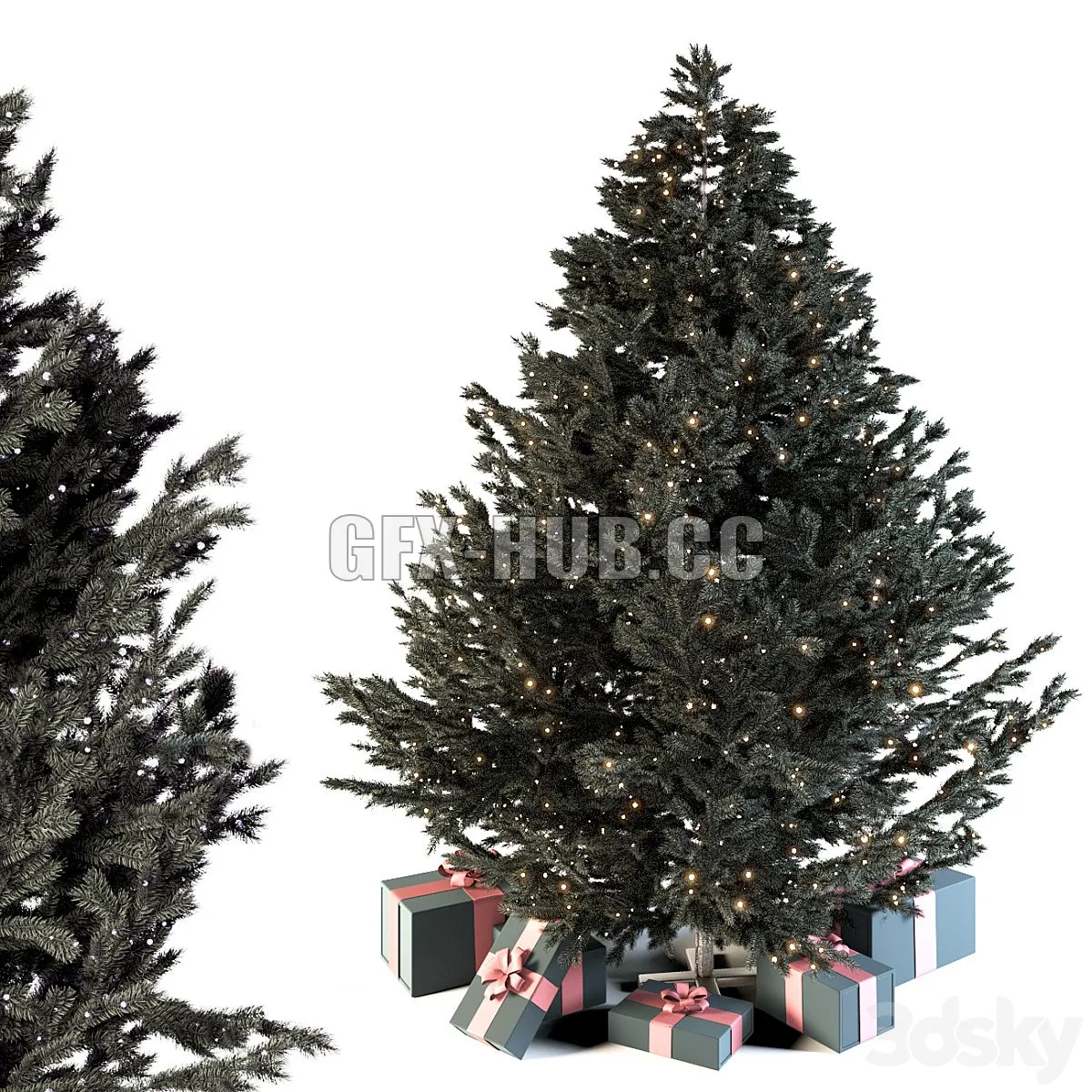 Dark christmas tree with boxes and garland 3D Model