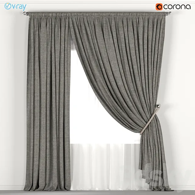Dark curtains with a garter on the rope and tulle. 3DModel