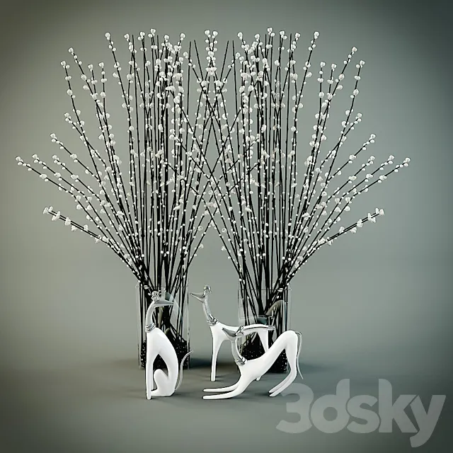 Decor. Vase with twigs and figurines dogs 3D Model