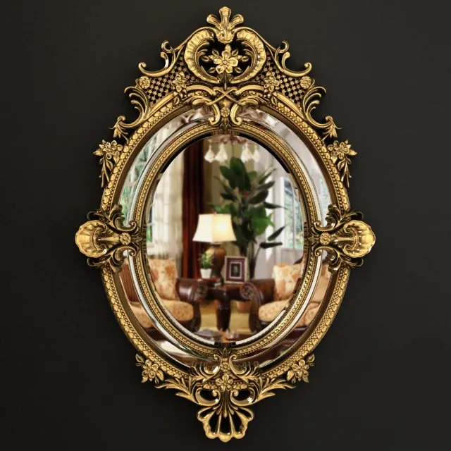 decoration - 19th Century French Louis XV Fine Gilt Carved Oval Mirror 3D Model