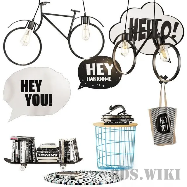 decoration - Bag bike-lamps skateboard with books 3D Model