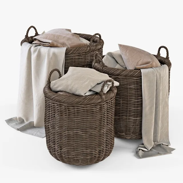 decoration - Basket with linen 007  brown color 3D Model