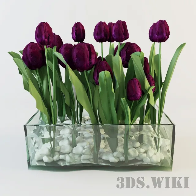 decoration - Beautiful tulips in a decorative glass vase 3D Model