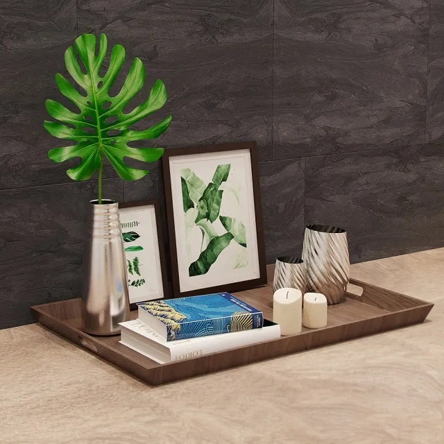 decoration - Books vases pictures and candles on a tray 3D Model